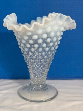 Vintage Fenton French White Hobnail Opalescent Vase Ruffled Crimped 7.5" #4058